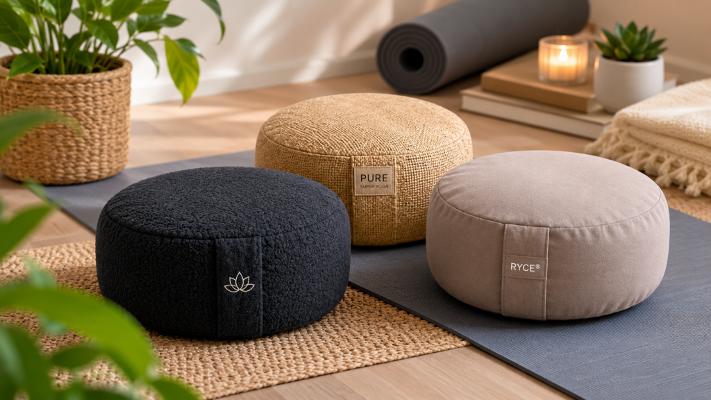 Afbeelding waarop drie meditatiekussen staan afgebeeld